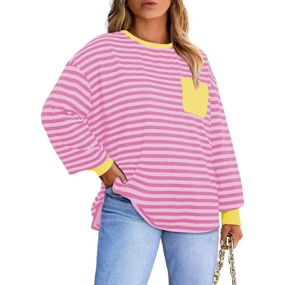 Plus Size Cozy Crewneck Long Sleeve Striped T-Shirt with Pocket for Women - Picture 1 of 5